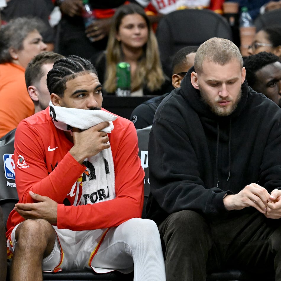 Hawks players react during the fourth quarter of their 140-89 loss to the Knicks in Game 6 of a first-round NBA playoff series Thursday, April 30, 2026, at State Farm Arena in Atlanta. (Hyosub Shin/AJC)