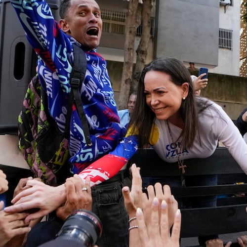 FILE - Opposition leader Maria Corina Machado greets supporters during a protest against Venezuelan President Nicolas Maduro the day before his inauguration for a third term in Caracas, Venezuela, Thursday, Jan. 9, 2025. (AP Photo/Matias Delacroix, file)