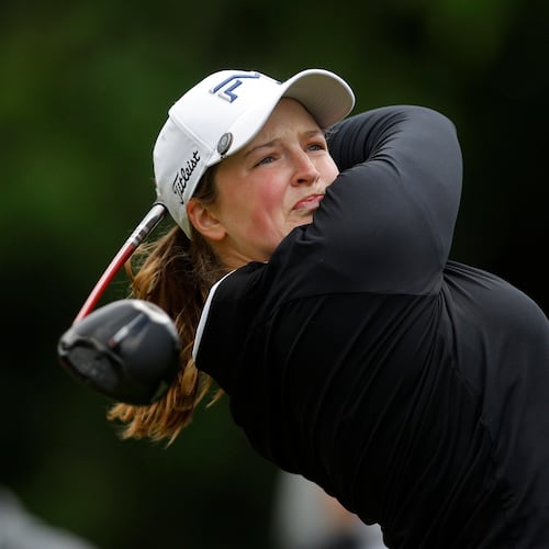 Lottie Woad, of England, watches her tee shot on the fourth hole during the first round of the Meijer LPGA Classic golf tournament, Thursday, June 18, 2026, in Belmont, Mich. (AP Photo/Al Goldis)