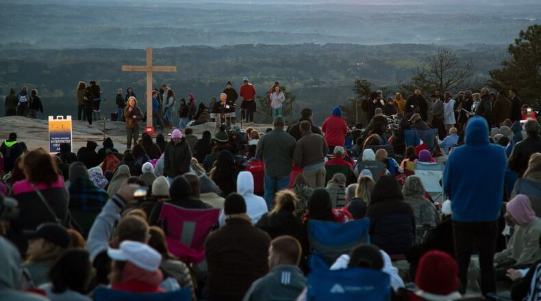 A large crowd gathers for the 74th annual Easter sunrise service on top of Stone Mountain Sunday, April 1, 2018. STEVE SCHAEFER / SPECIAL TO THE AJC