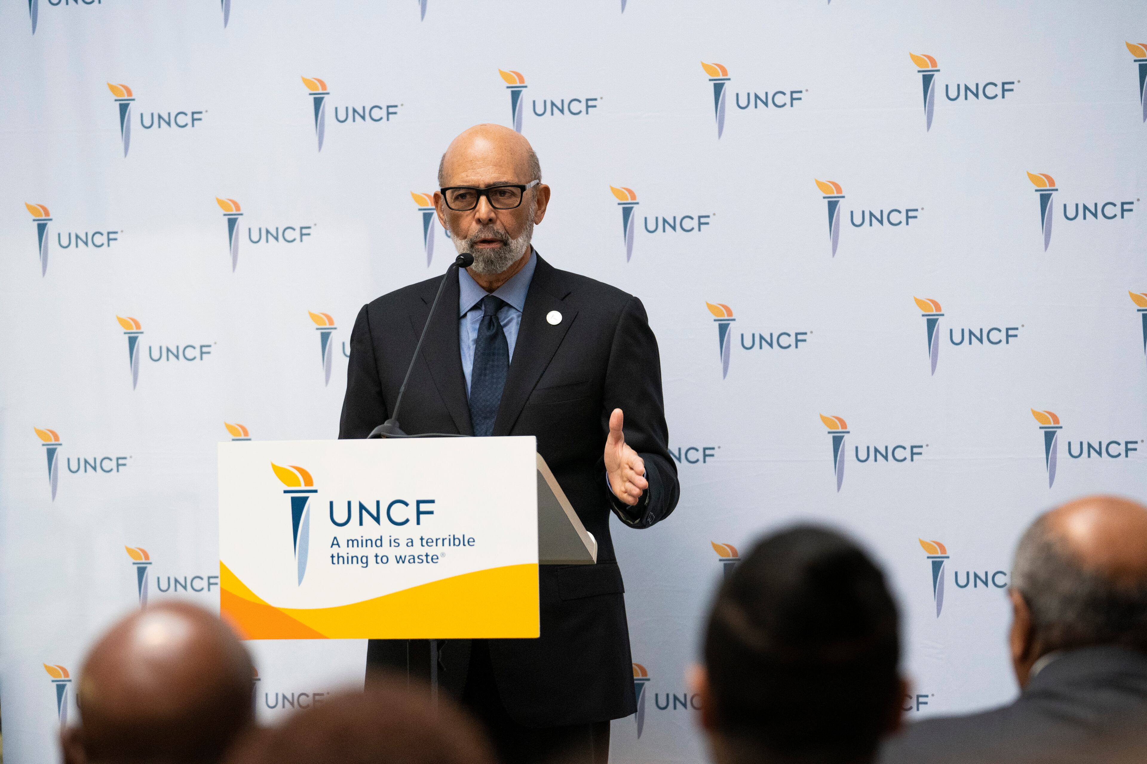 Michael Lomax, president and CEO of UNCF, announces a $100 million dollar grant from Lilly Endowment Inc. at Clark Atlanta University on Thursday, Jan. 11, 2024. (Olivia Bowdoin/AJC).