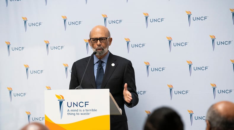 Michael Lomax, president and CEO of the United Negro College Fund, announces a $100 million dollar grant from the Lilly Endowment Inc. at Clark Atlanta University on Thursday, Jan. 11, 2024. (Olivia Bowdoin for the Atlanta Journal-Constitution).