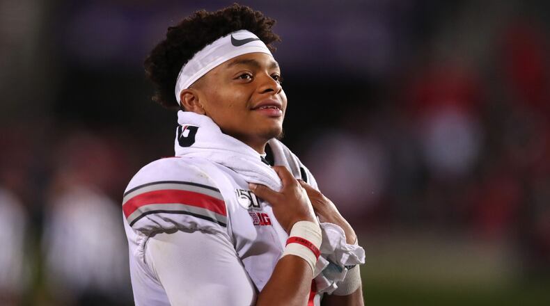Ohio State quarterback Justin Fields looks on from the bench in the third quarter against Northwestern on Oct. 18, 2019, in Evanston.