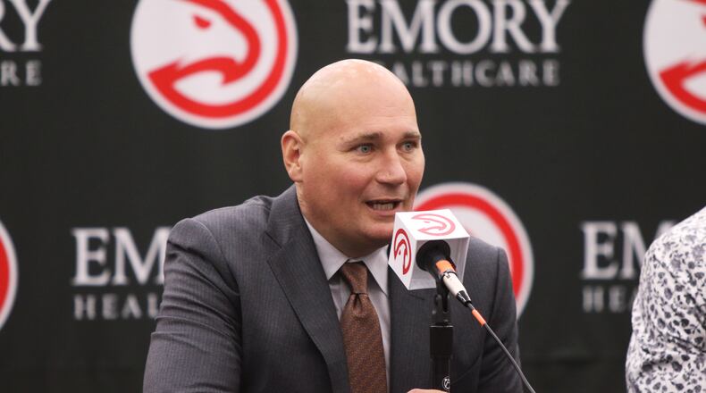 June 24, 2019 Brookhaven- Atlanta Hawks General Manager Travis Schlenk speaks at the introductory press conference for Cam Reddish, a Hawks 2019 draft pick,  at the Hawks practice facility, in the Emory Sports Medicine Complex, in Brookhaven, Georgia on Monday June 24, 2019. Reddish was selected by the Atlanta Hawks in the 2019 NBA Draft on  June 20, 2019, and was the 10th overall pick. Reddish previously played small forward/shooting guard for the Duke University Blue Devils. Christina Matacotta/CHRISTINA.MATACOTTA@AJC.COM
