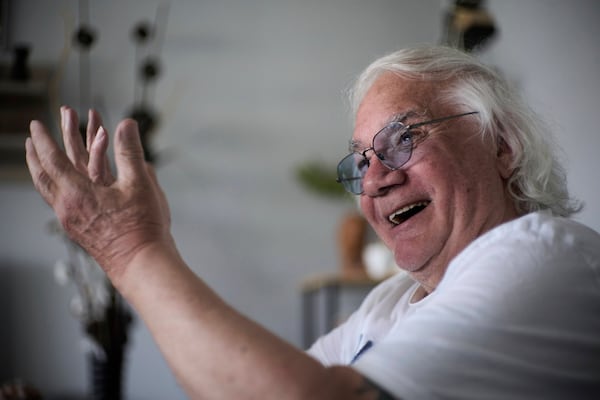 Ben Buitenhuis, a 83-year-old surivor of the 1944-1945 Hunger Winter, reacts during an interview in Delft, Netherlands, Tuesday, April 29, 2025. (AP Photo/Peter Dejong)