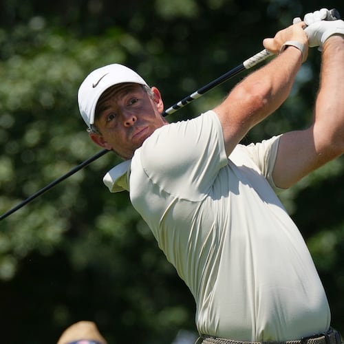 Rory McIlroy, of Northern Ireland, hits from the fifth tee during the first round of the BMW Championship golf tournament Thursday, Aug. 20, 2026, in St. Louis. (AP Photo/Jeff Roberson)