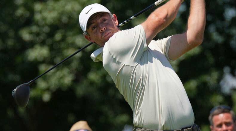 Rory McIlroy, of Northern Ireland, hits from the fifth tee during the first round of the BMW Championship golf tournament Thursday, Aug. 20, 2026, in St. Louis. (AP Photo/Jeff Roberson)