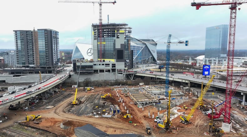 The Centennial Yards site is shown. A construction worker recently fell from the 19th floor of a building and died at the site.