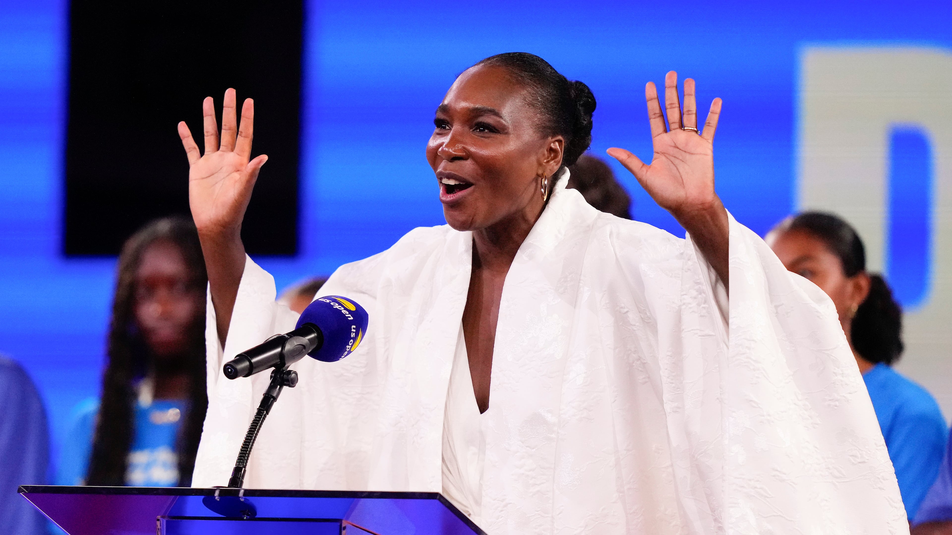FILE - Venus Williams speaks during a ceremony at Arthur Ashe Stadium between matches during the women's singles semifinals of the U.S. Open tennis championships, Thursday, Sept. 4, 2025, in New York. (AP Photo/Yuki Iwamura, File)