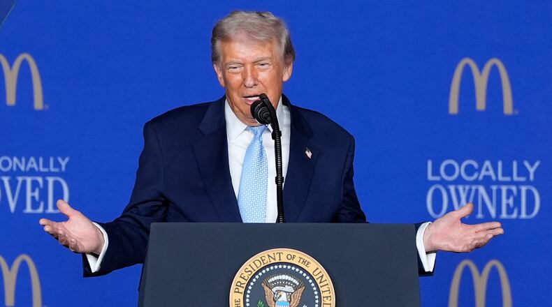 President Donald Trump speaks at the McDonald's Impact Summit, Monday, Nov. 17, 2025, in Washington. (AP Photo/Alex Brandon)