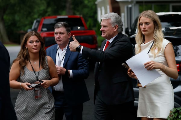 U.S. Rep. Mike Collins gives a thumbs up as he arrives at his runoff election watch party at Seven Oaks Manor in Jackson, GA, on Tuesday, June 16, 2026. (Miguel Martinez/AJC)