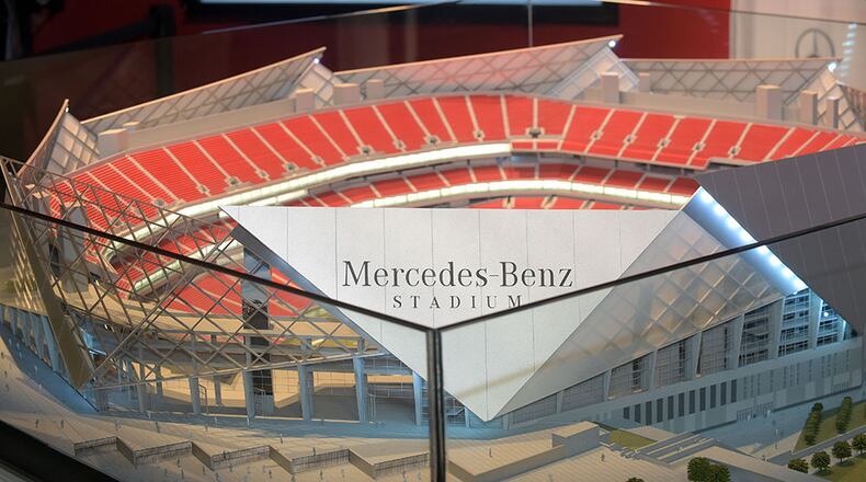 The Mercedes-Benz name appears on a mockup of the Falcons' new stadium in downtown Atlanta.