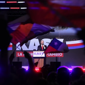 Presidential candidate Jose Antonio Kast of the Republican Party, addresses supporters after early results in the general elections in Santiago, Chile, Sunday, Nov. 16, 2025. (AP Photo/Cristobal Escobar)