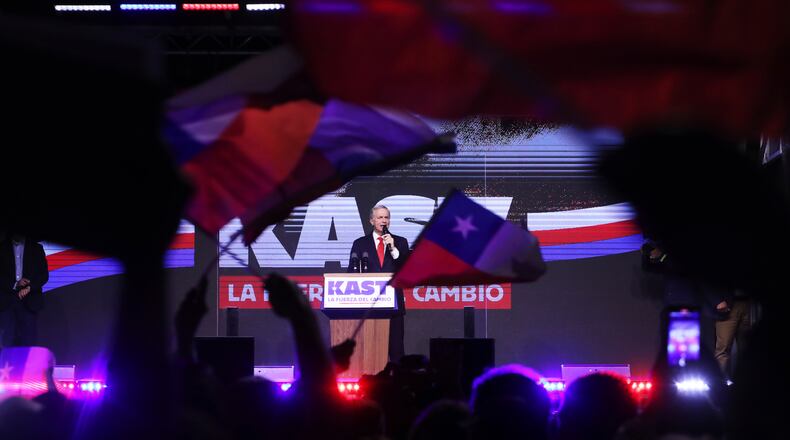Presidential candidate Jose Antonio Kast of the Republican Party, addresses supporters after early results in the general elections in Santiago, Chile, Sunday, Nov. 16, 2025. (AP Photo/Cristobal Escobar)