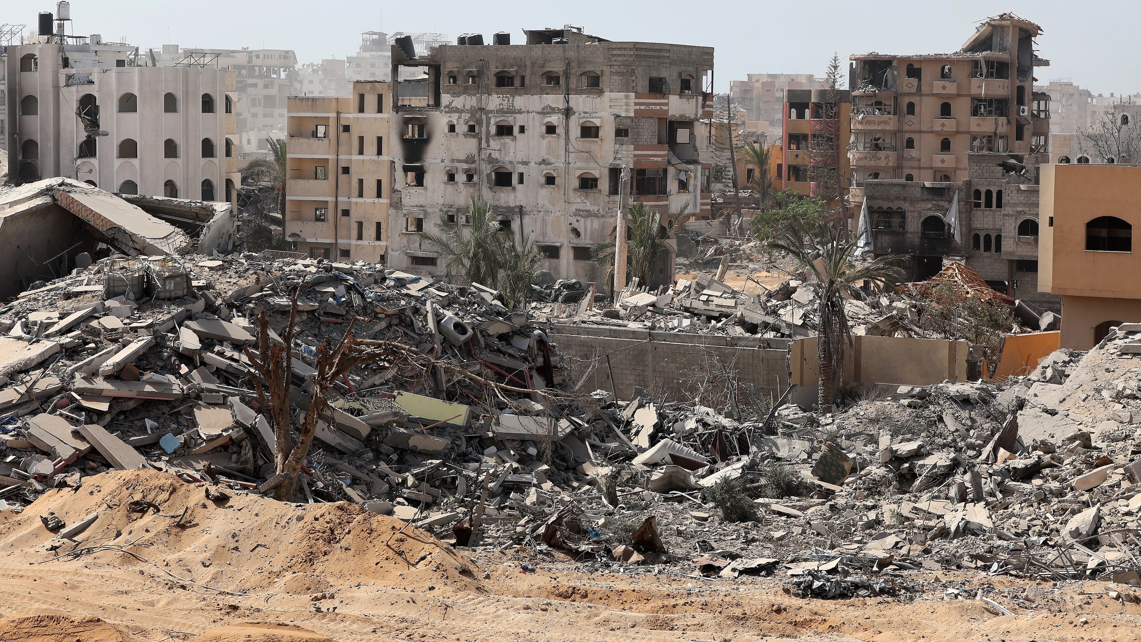 This picture taken during a media tour organised by the Israeli army shows war-damaged and destroyed buildings in the vicinity of the Jordanian Field Hospital in Gaza City, Friday, Oct. 3, 2025. (Jack Guez/Pool Photo via AP)