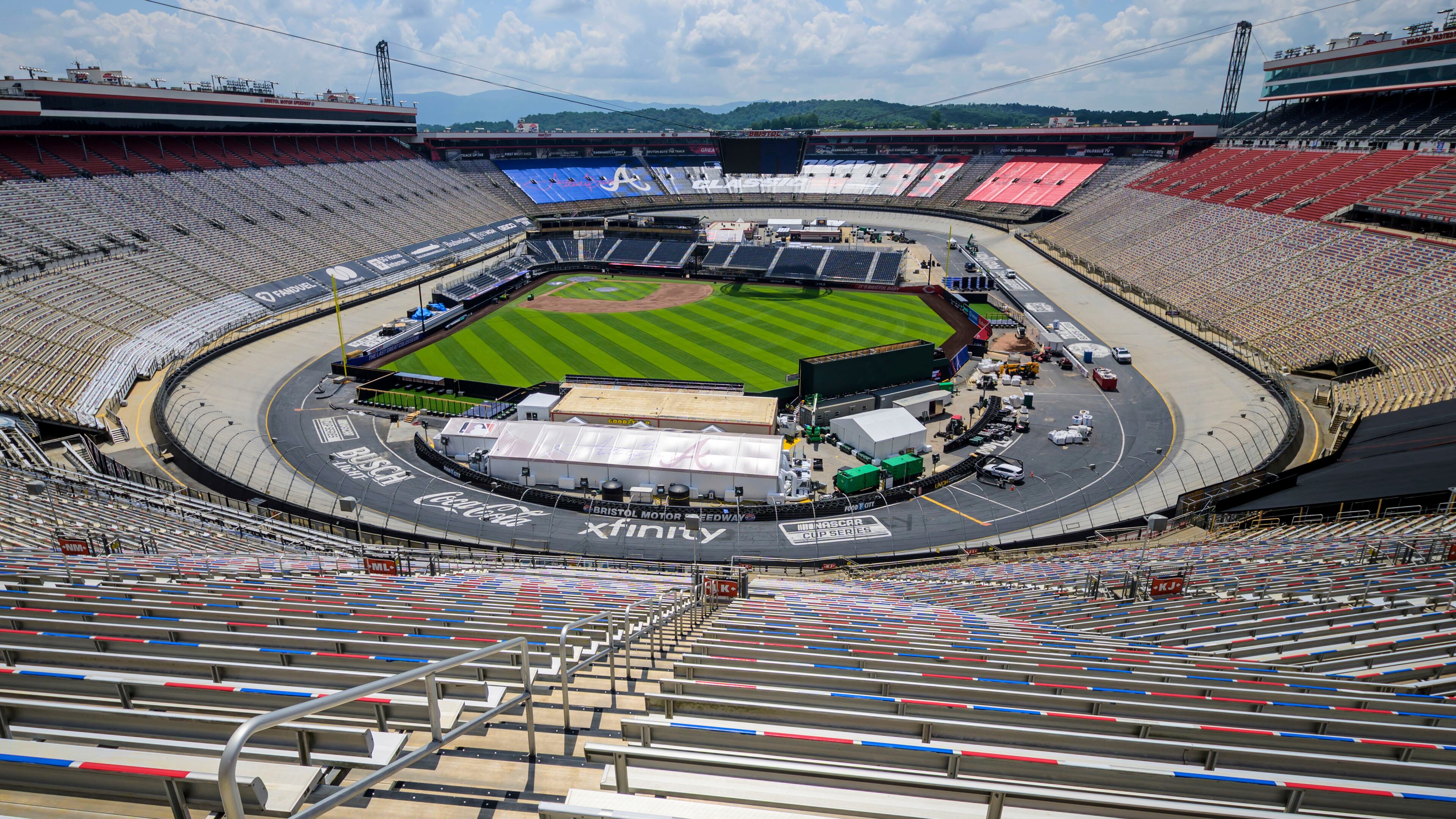 Work continues on the baseball field inside the racetrack at Bristol Motor Speedway, Friday, July 25, 2025, in Bristol, Tennessee, for MLB Speedway Classic baseball game between the Cincinnati Reds and Atlanta Braves on Aug. 2. (Earl Neikirk/Bristol Motor Speedway via AP)
