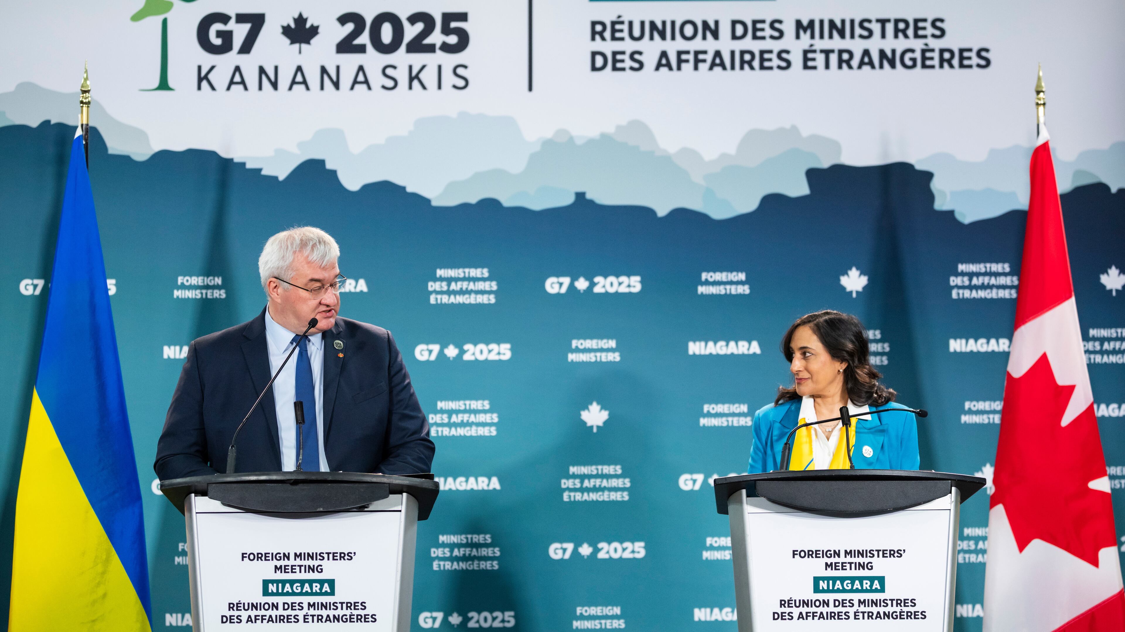 Minister of Foreign Affairs of Ukraine Andrii Sybiha delivers remarks with Foreign Affairs Minister Anita Anand during the G7 Foreign Ministers' Meeting in Niagara-on-the-Lake on Wednesday, Nov. 12, 2025. (Nick Iwanyshyn /The Canadian Press via AP)