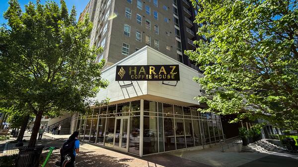 The exterior of Haraz Coffee House situated on a street corner in Midtown Atlanta.