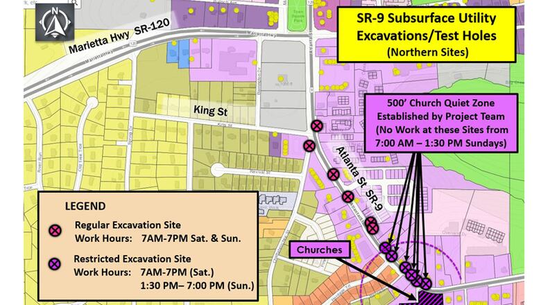 Map depicts the northern end of weekend lane closures planned for Atlanta Road (Ga. 9) in Roswell. Not shown are additional closures to the south, to the Chattahoochee River. CITY OF ROSWELL