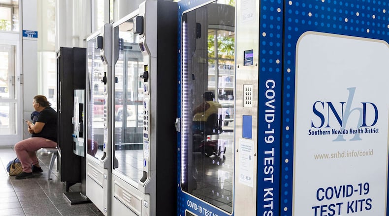 A COVID-19 test kit vending machine at the Regional Transportation Commission's Bonneville Transit Center, on Thursday June 9, 2022, in Las Vegas. (Bizuayehu Tesfaye/Las Vegas Review-Journal/TNS)
