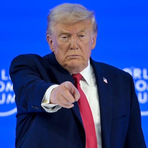 President Donald Trump gestures after his special address during the 56th annual meeting of the World Economic Forum, WEF, in Davos, Switzerland, Wednesday, Jan. 21, 2026. (Gian Ehrenzeller/Keystone via AP)