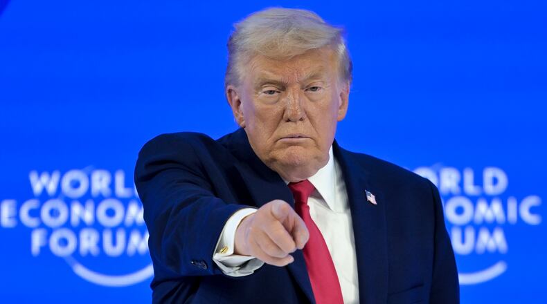 President Donald Trump gestures after his special address during the 56th annual meeting of the World Economic Forum, WEF, in Davos, Switzerland, Wednesday, Jan. 21, 2026. (Gian Ehrenzeller/Keystone via AP)