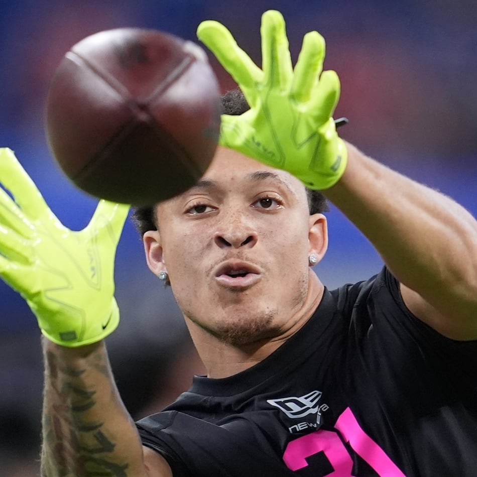 Avieon Terrell, a second-round NFL draft pick by the Falcons, runs a drill during the NFL combine on Friday, Feb. 27, 2026, in Indianapolis. The Falcons didn’t expect Terrell to be available at their pick. (Michael Conroy/AP)