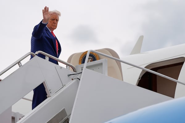 President Donald Trump boards Air Force One, Friday, May 30, 2025, at Joint Base Andrews, Md., to travel to Pittsburgh, Pa (AP Photo/Julia Demaree Nikhinson)