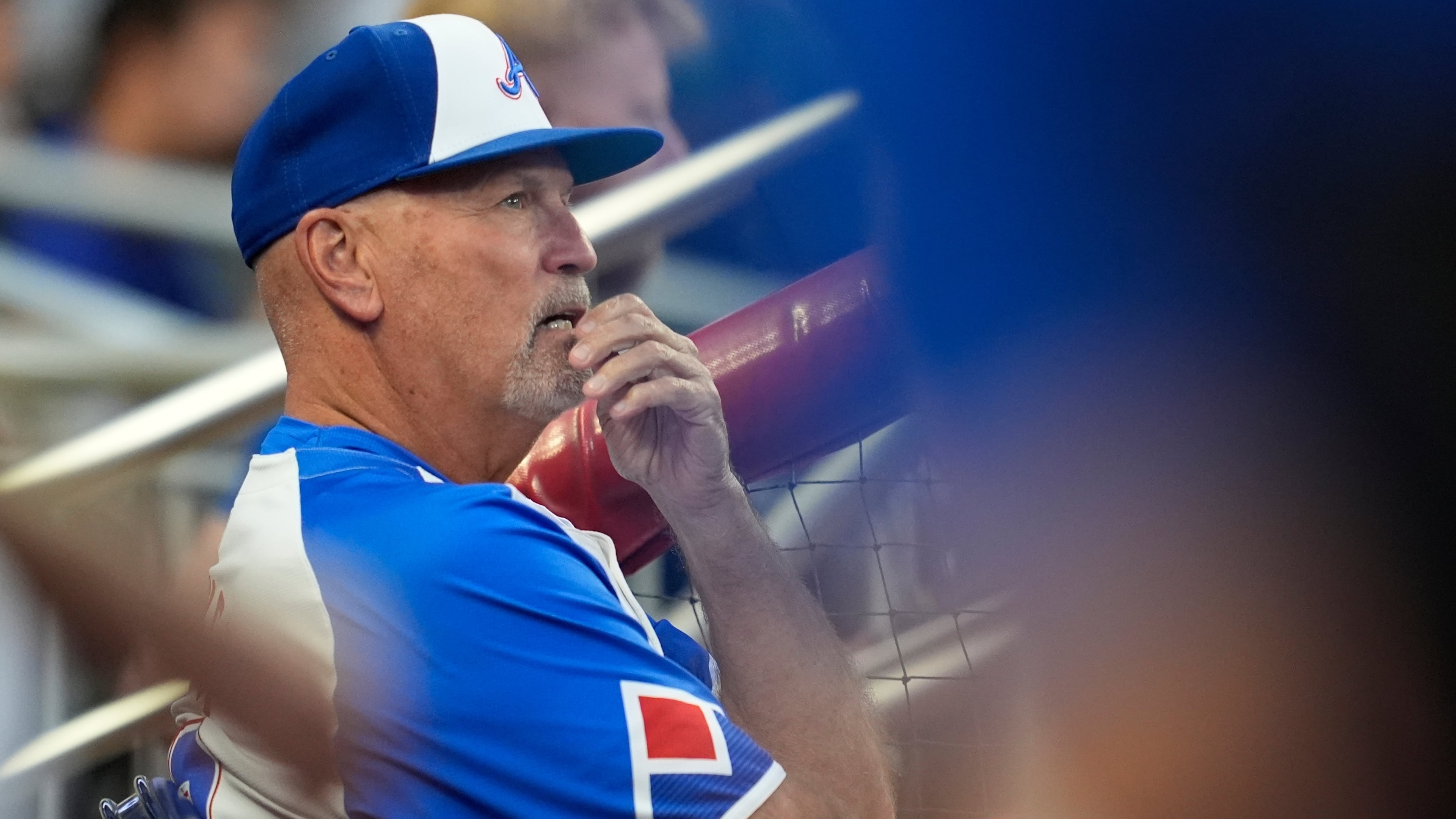 Atlanta Braves manager Brian Snitker (43) sits in the dugout in the first inning of a baseball game against the Pittsburgh Pirates, Saturday, Sept. 27, 2025, in Atlanta. (AP Photo/Mike Stewart)