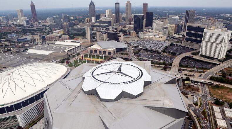 Aerial view of  Mercedes-Benz Stadium's closed roof.
