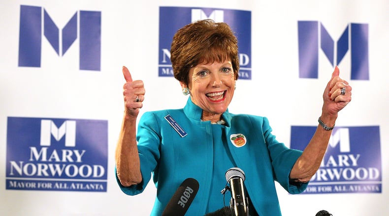 Mary Norwood, candidate for mayor, gives supporters a double thumbs up on election night. Curtis Compton/ccompton@ajc.com