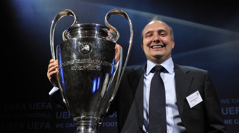 NYON, SWITZERLAND - AUGUST 06:  Tottenham Hotspur director of football administration Darren Eales (R) after the UEFA Champions League play-off draw on August 6, 2010 in Nyon, Switzerland. The play-offs are played over two legs on 17/18 and 24/25 August. The ten play-off winners will join the 22 automatic entrants in the UEFA Champions League group stage, the draw for which will be held in Monaco on 26 August 26, 2010. (Photo by Fabrice Coffrini/EuroFootball/Getty Images) *** Local Caption *** Darren Eales