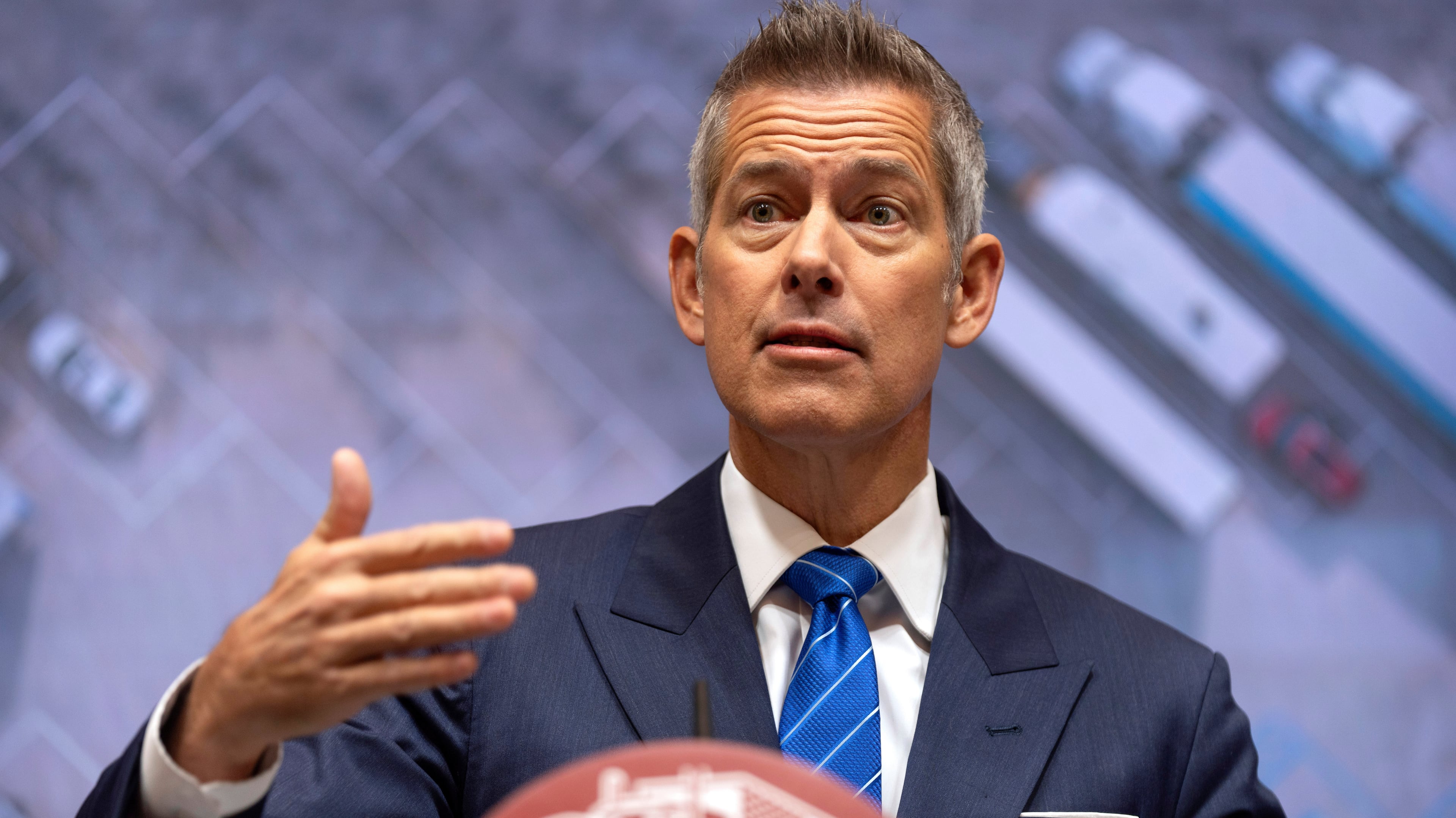 Transportation Secretary Sean Duffy speaks during a news conference at the Department of Transportation in Washington, Friday, Dec. 12, 2025. (AP Photo/Mark Schiefelbein)