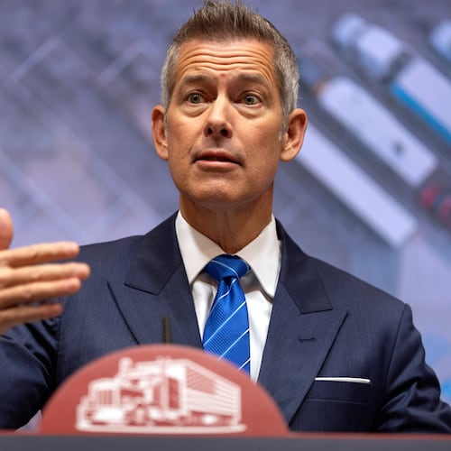 Transportation Secretary Sean Duffy speaks during a news conference at the Department of Transportation in Washington, Friday, Dec. 12, 2025. (AP Photo/Mark Schiefelbein)