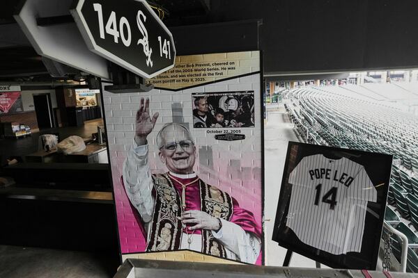 FILE - The Chicago White Sox commemorate the fandom of Pope Leo XIV with a graphic installation at Rate Field in Chicago, Monday, May 19, 2025. (AP Photo/Nam Y. Huh, File)
