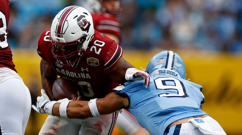 South Carolina running back Kevin Harris (20), who played for Bradwell Institute, rushed 358 times for 1,975 yards and 23 touchdowns over three seasons with the Gamecocks. He also caught 36 passes for 280 yards and a touchdown. (Jared C. Tilton/TNS)