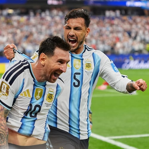 Argentina's Lionel Messi, center, celebrates after scoring his side's second goal during the World Cup Group J soccer match between Argentina and Austria in Arlington, Texas, near Dallas, Monday, June 22, 2026. (AP Photo/Julio Cortez)