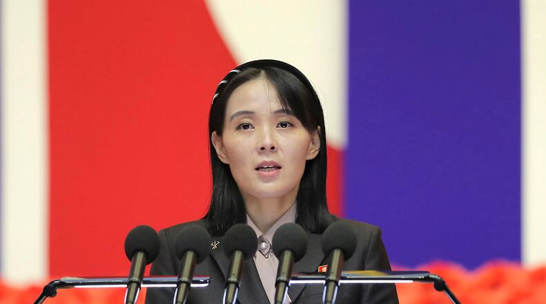 FILE - This photo provided by the North Korean government, Kim Yo Jong, sister of North Korean leader Kim Jong Un, delivers a speech during a national meeting against the coronavirus, in Pyongyang, North Korea, on Aug. 10, 2022. (Korean Central News Agency/Korea News Service via AP, File)
