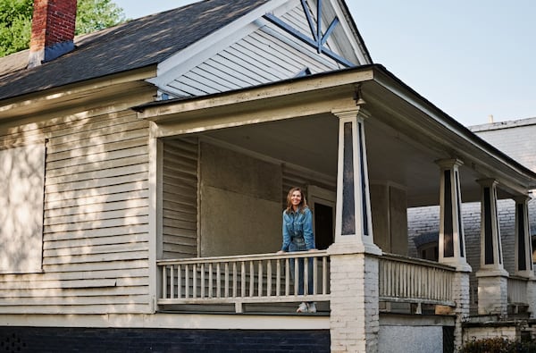 Long Story Books owner Kate Kiefer Lee on the porch of the historic Inman Park home she is turning into a bookstore. (Courtesy of Andrew Thomas Lee)