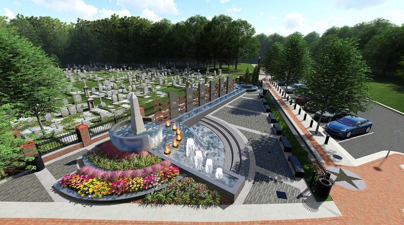 Sugar Hill is iin the process of moving the city’s existing obelisk-shaped Veterans monument. The new memorial will feature the monument, commemorative bricks, a water feature and eternal flame. (Courtesy City of Sugar Hill)