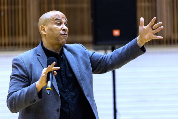 Sen. Cory Booker, D-N.J., speaks at a town hall event held at the Bergen Community College in Paramus, N.J., on on Saturday, April 5, 2025. (AP Photo/Stefan Jeremiah)