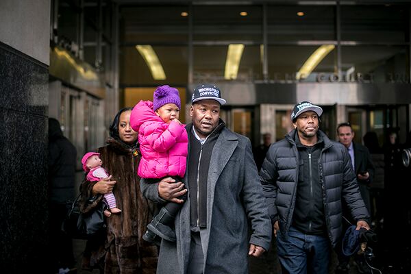 Derrick Hamilton leaves a courthouse in the Brooklyn borough of New York, after a hearing vacating his 1991 murder conviction, in 2015.