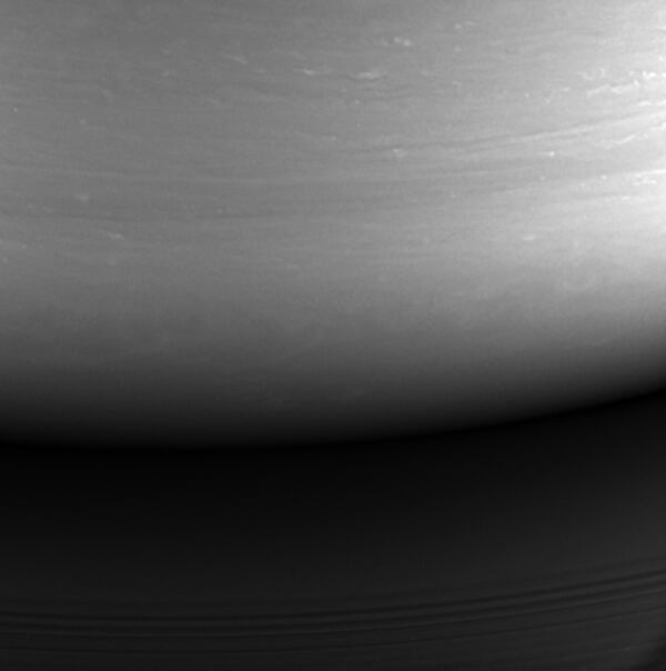 The final image: Imaging cameras on NASA's Cassini spacecraft show Saturn as it looks toward the planet's night side and shows the location at which Cassini would burn up and enter the planet's atmosphere hours later.