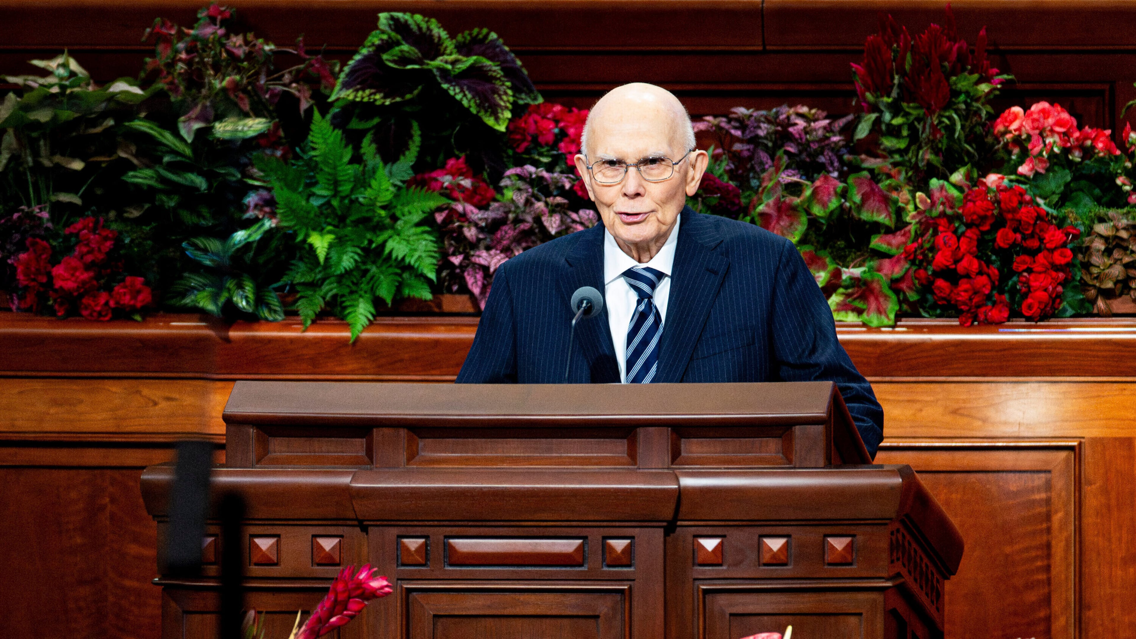 FILE - President Dallin H. Oaks, president of the Quorum of the Twelve Apostles, speaks during the morning session of the 195th Semiannual General Conference of The Church of Jesus Christ of Latter-day Saints at the Conference Center in Salt Lake City on Oct. 4, 2025. (Isaac Hale/The Deseret News via AP, file)