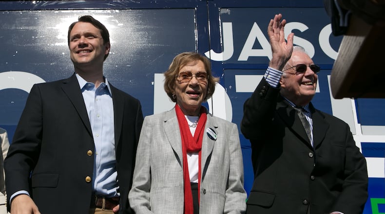 From left, Georgia Democratic gubernatorial candidate and State Sen. Jason Carter campaigns with his grandparents, former first lady Rosalynn Carter and former U.S. President Jimmy Carter at Emmanuel Christian Community Church on October 27, 2014 in Columbus, Georgia. Jason Carter is running against the Republican incumbent Georgia Republican Gov. Nathan Deal. (Photo by Jessica McGowan/Getty Images)