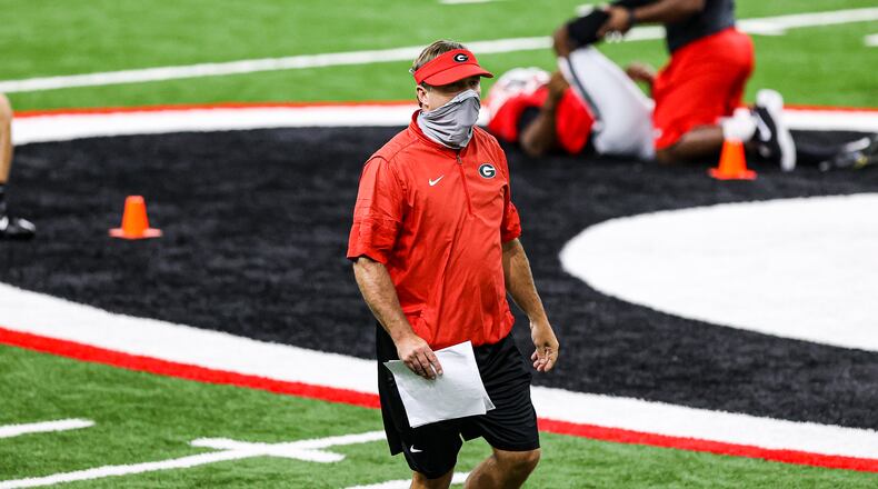 Georgia coach Kirby Smart during the Bulldogs’ practice in Athens, Ga., on Mon., Aug. 24, 2020. (Photo by Tony Walsh)
