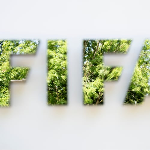 The FIFA logo is seen at the entrance of FIFA headquarters, in Zurich, Switzerland, Thursday, Aug. 6, 2026. (Andreas Becker/Keystone via AP)