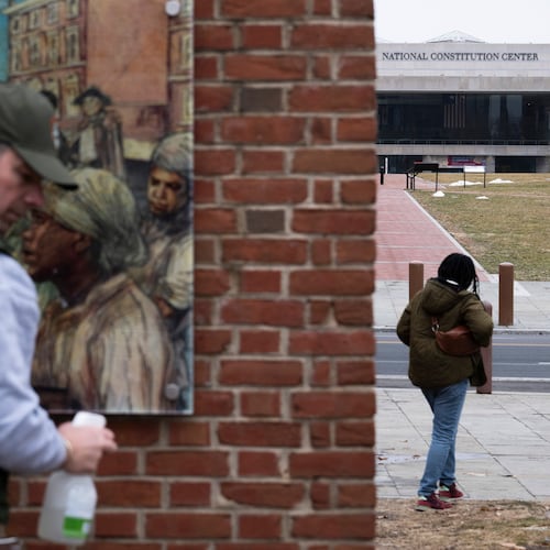 FILE - Panels that were part of an exhibit on slavery at the President's House Site in Independence National Historical Park are put back, Feb. 19, 2026, in Philadelphia. (AP Photo/Joe Lamberti, File)