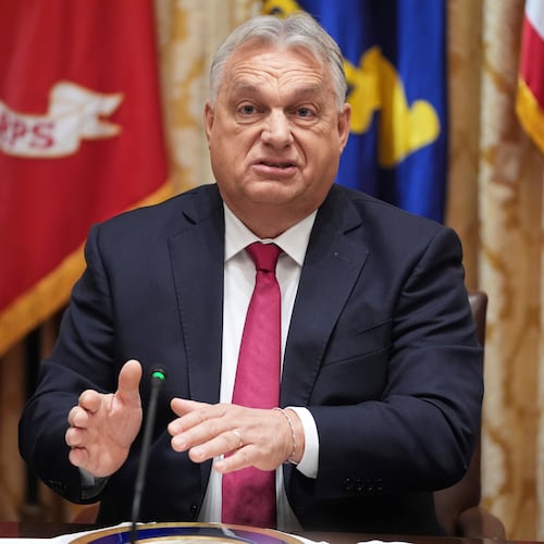 Hungary's Prime Minister Viktor Orban speaks during a meeting with President Donald Trump in the Cabinet Room of the White House, Friday, Nov. 7, 2025, in Washington. (AP Photo/Evan Vucci)