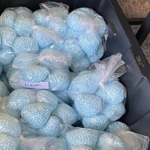 This photo provided by the U.S. Drug Enforcement Administration shows pills containing fentanyl which were seized by the DEA in New Mexico, on April 28, 2025. (DEA via AP)